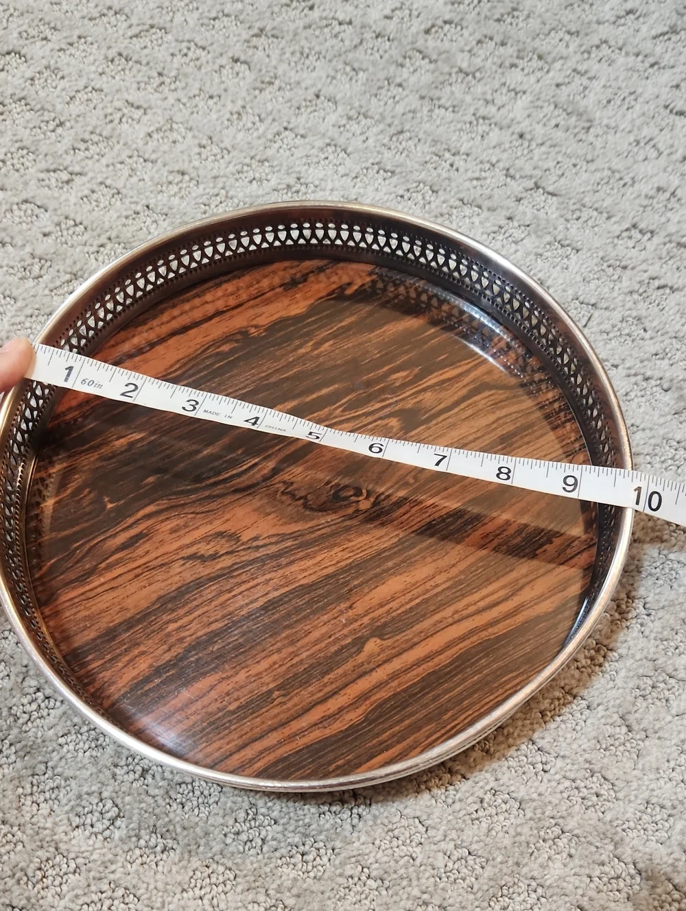 Vintage MCM Sheffield Round Silverplate Tray With Wood Look Formica Surface
